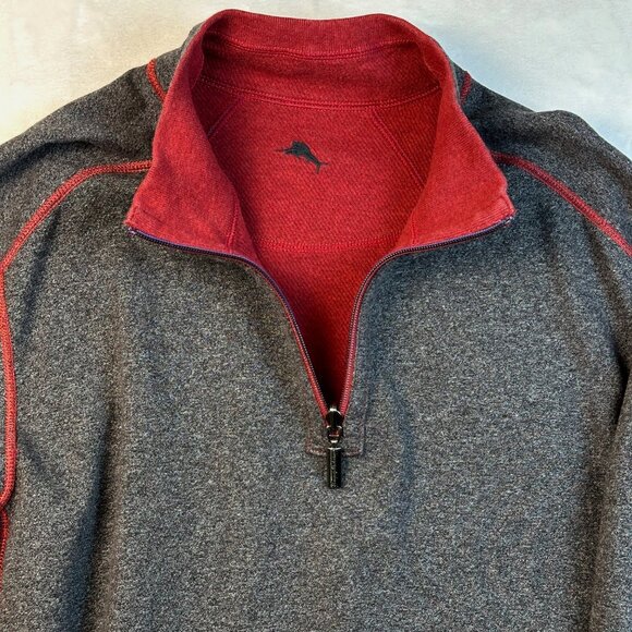 Tommy Bahama Mens Reversible 1/4 Zip Pullover Sweater XL Red Gray Coastal Casual - Picture 8 of 11